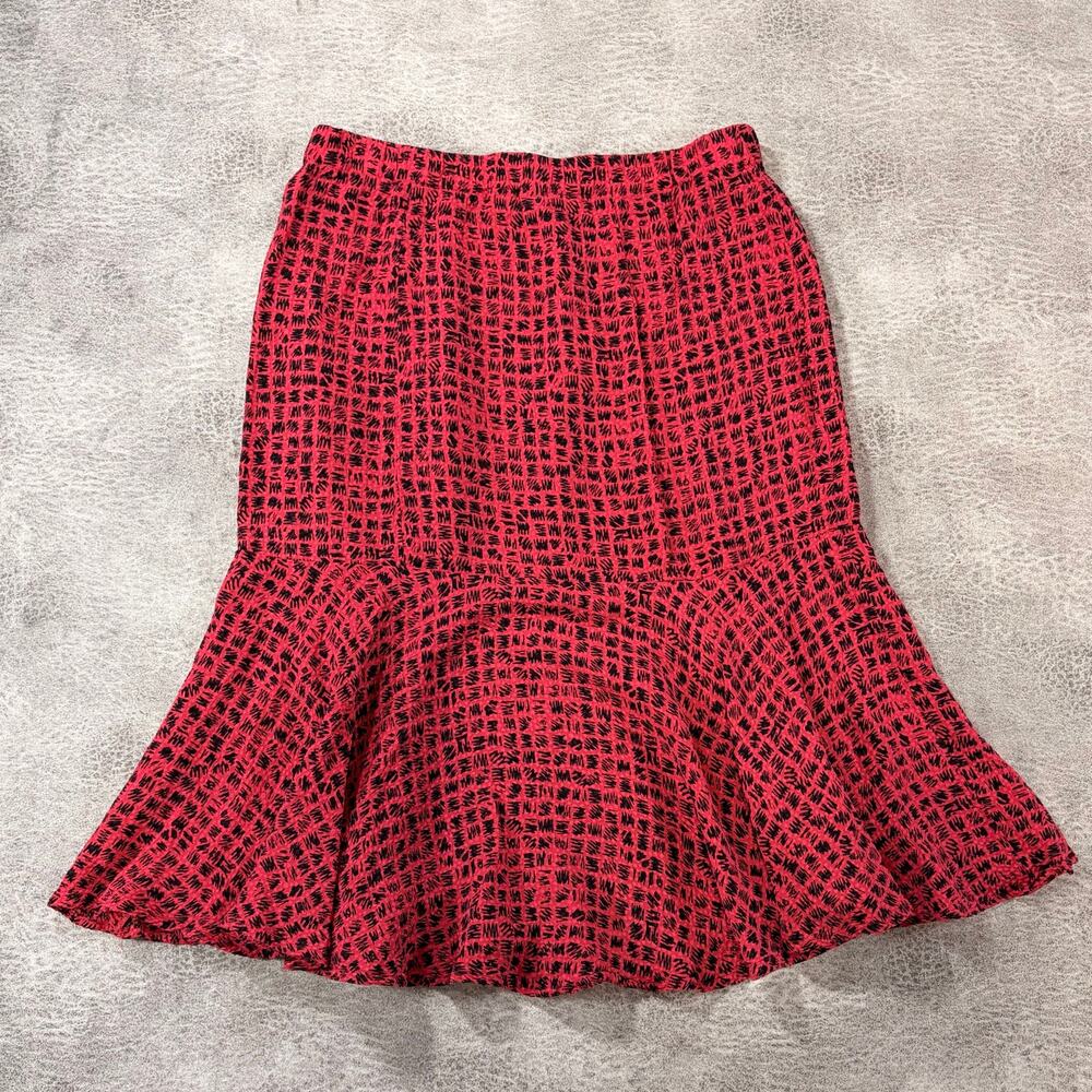 Red Abstract Grid Ruffled Midi Skirt